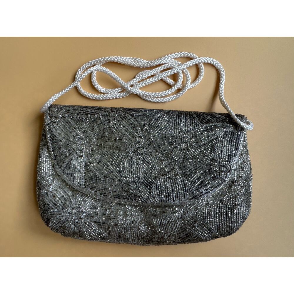 Vintage Bechamel Beaded Evening‎ Bag Silver Floral Crossbody Clutch Small Purse